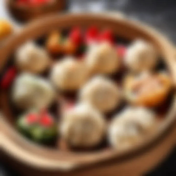 Variety of colorful xlb dumplings on a bamboo steamer