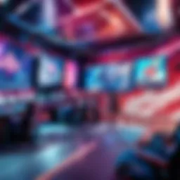 A dynamic esports arena filled with fans cheering for their favorite League of Legends teams.