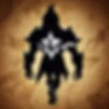 A silhouette of a mysterious figure holding a glowing 'League of Legends' emblem