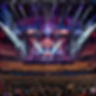 Dynamic Performance at the League of Legends Concert An artist performing on stage at the League of Legends concert