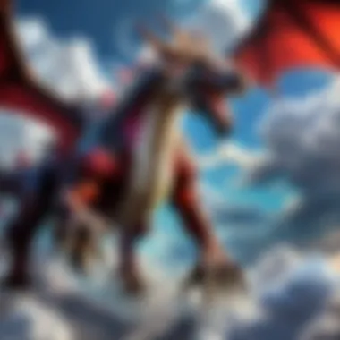 A fierce dragon breathing fire against a backdrop of swirling clouds