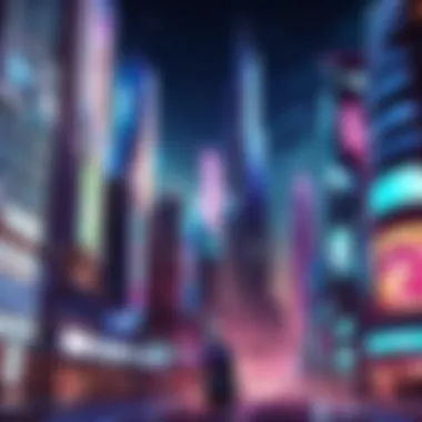 A futuristic cityscape with towering structures and neon lights at night