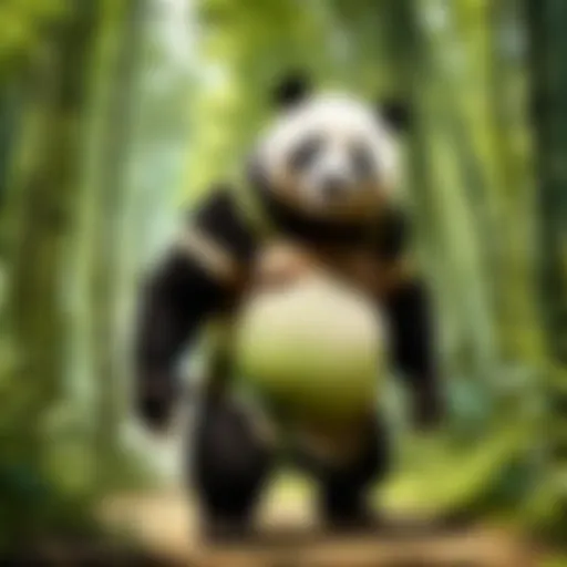 Aerial view of panda navigating dense bamboo forest