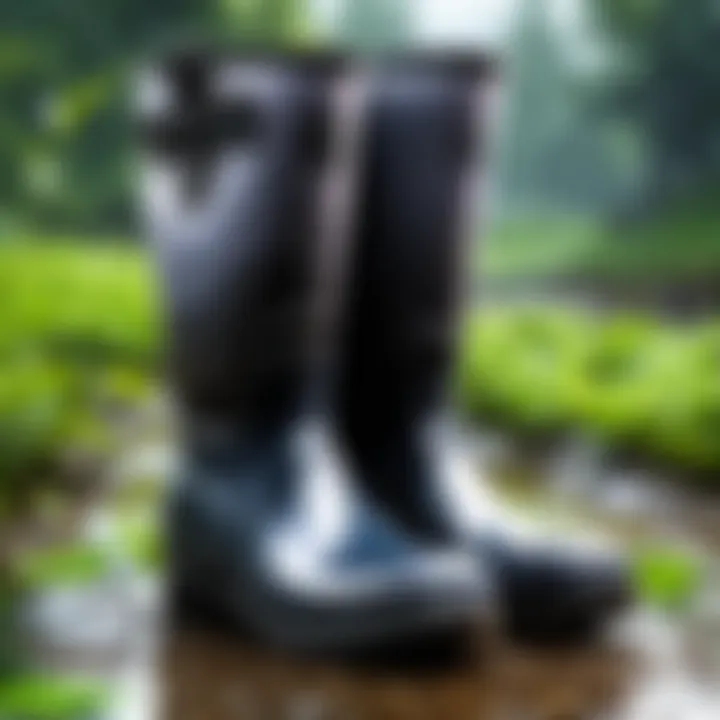 A person wearing rain boots while engaging in outdoor activities on a rainy day.