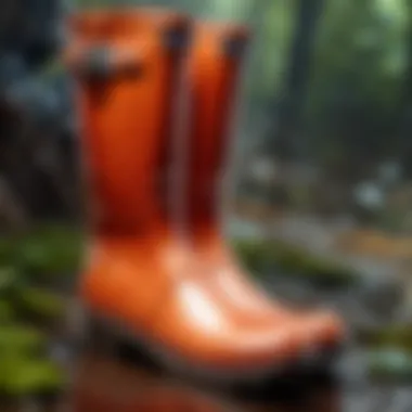 A variety of rain boots displayed in a farm setting, showcasing different styles and colors.