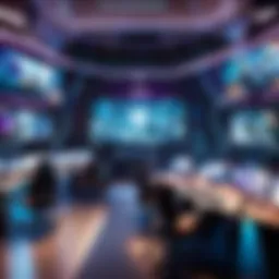 A futuristic esports arena filled with enthusiastic fans watching live streams on large screens